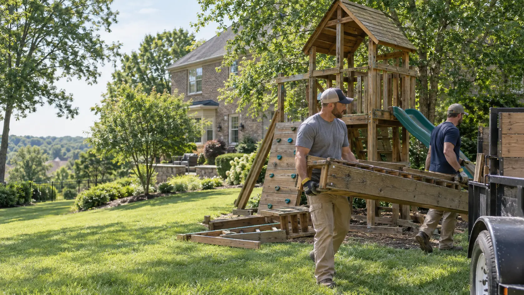 Workers carrying a dismantled wooden playset toward a trailer in a residential yard