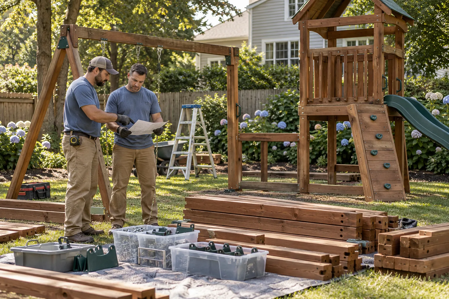 Workers reviewing the dismantling plan beside a wooden playset